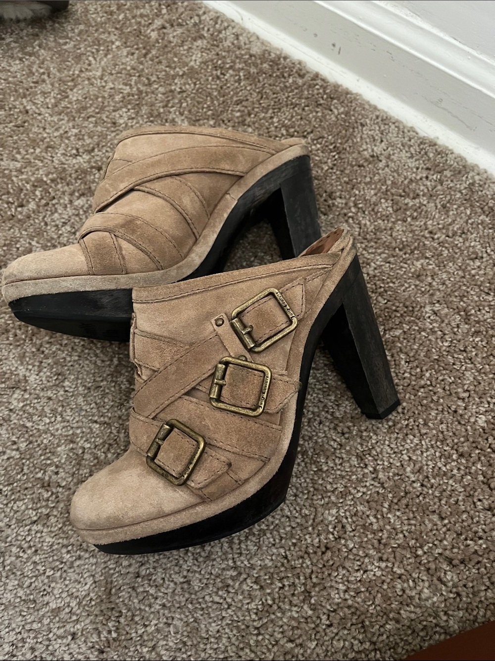 Juicy Couture Taupe Suede Platform Mules with Buckles